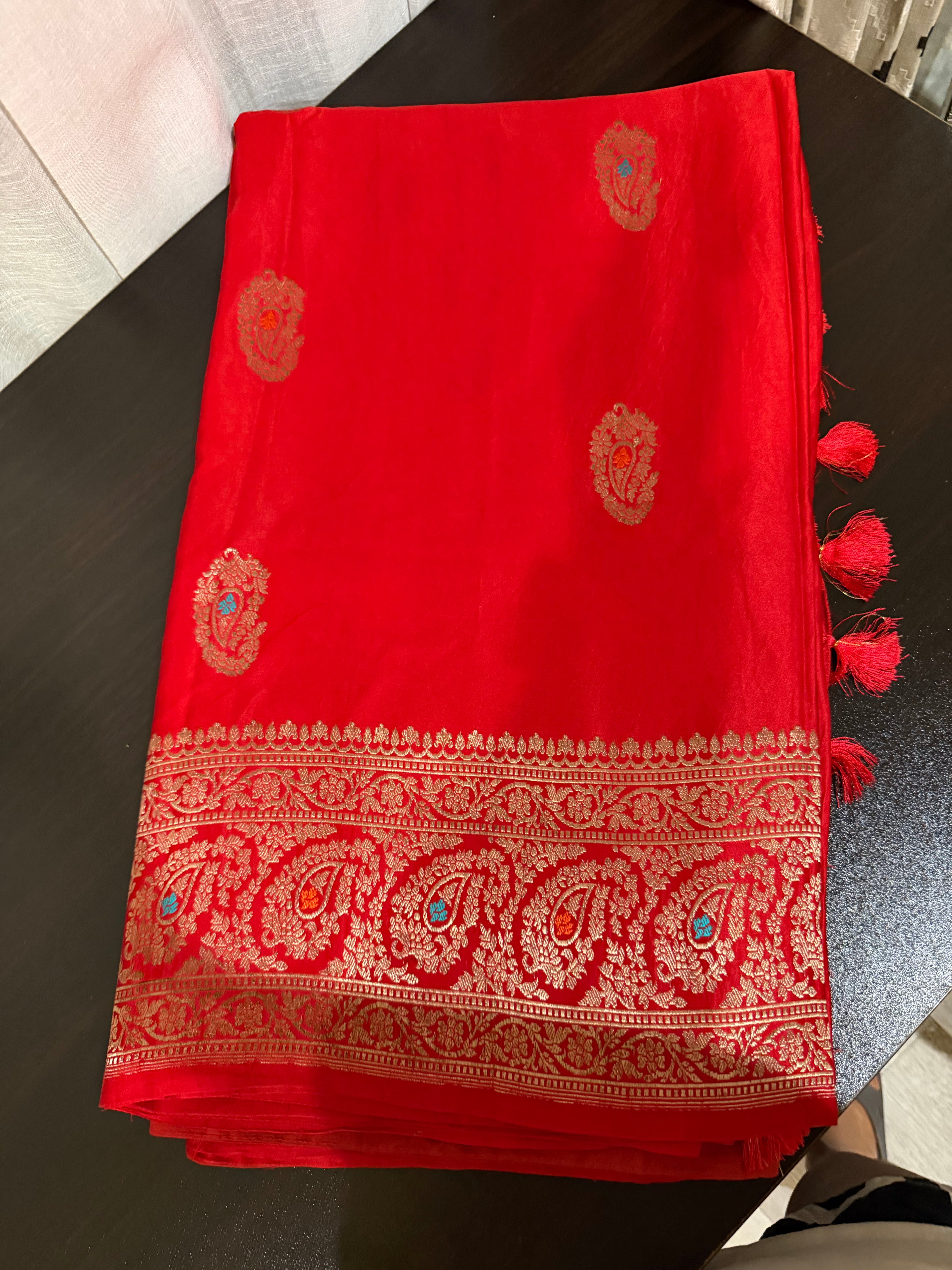 Red Mashru Silk Saree with Embroiderd Blouse