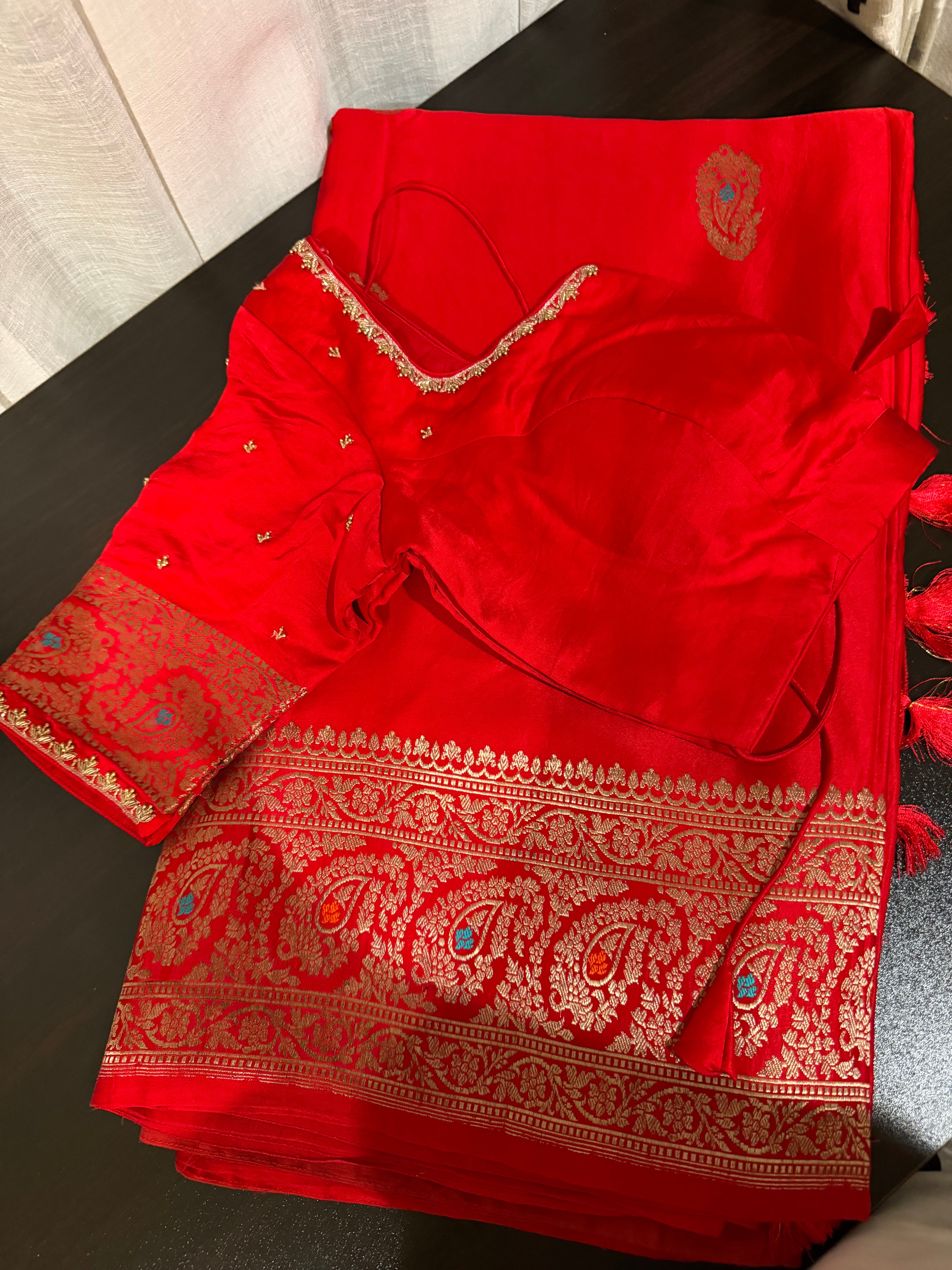 Red Mashru Silk Saree with Embroiderd Blouse