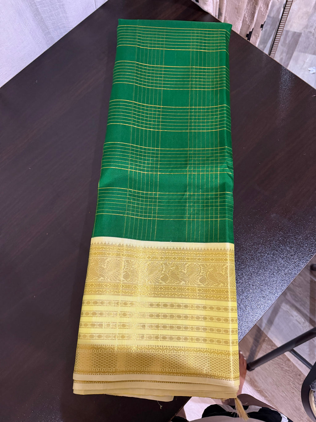 Bottle Green & Yellow Kanchipuram Silk Saree with Embroidered Blouse