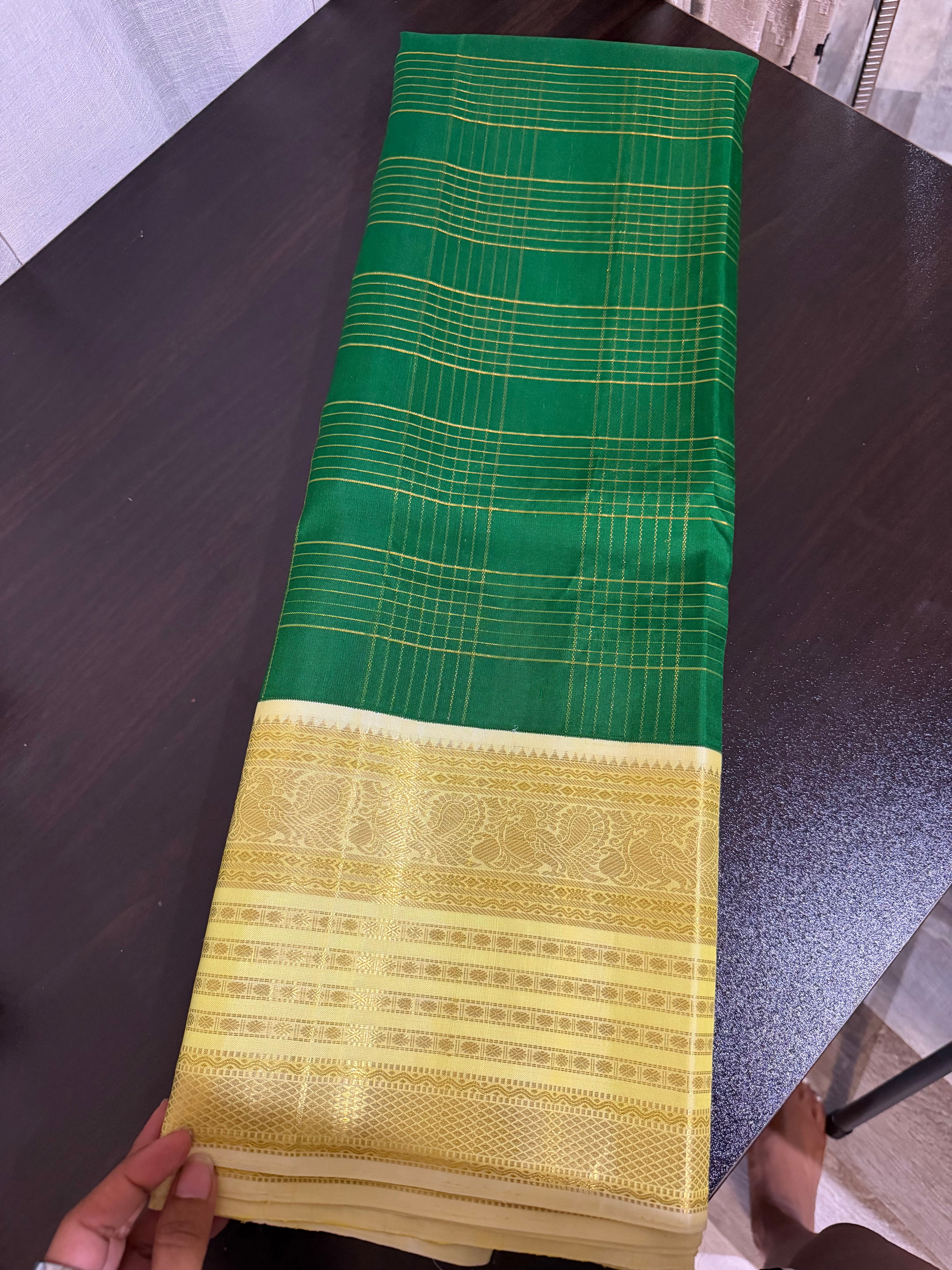 Bottle Green & Yellow Kanchipuram Silk Saree with Embroidered Blouse