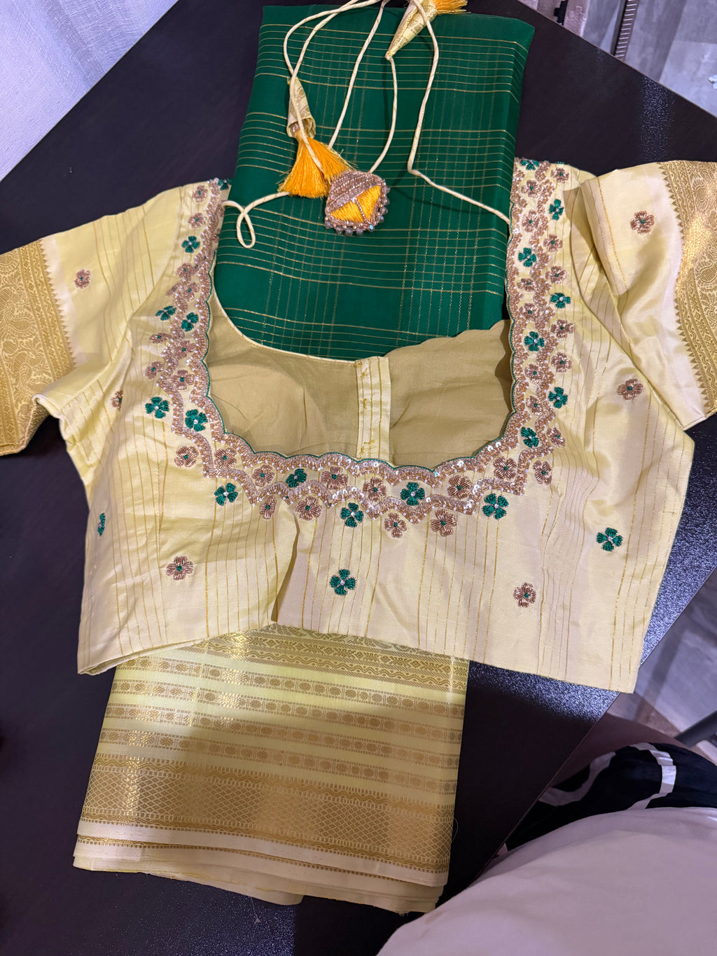 Bottle Green & Yellow Kanchipuram Silk Saree with Embroidered Blouse