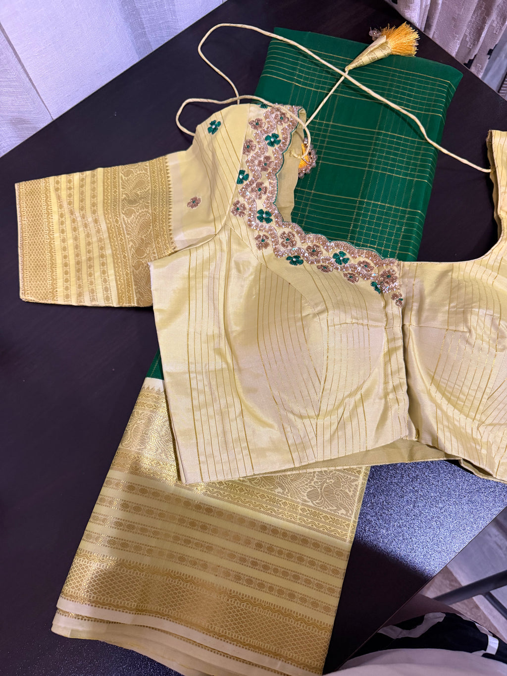 Bottle Green & Yellow Kanchipuram Silk Saree with Embroidered Blouse