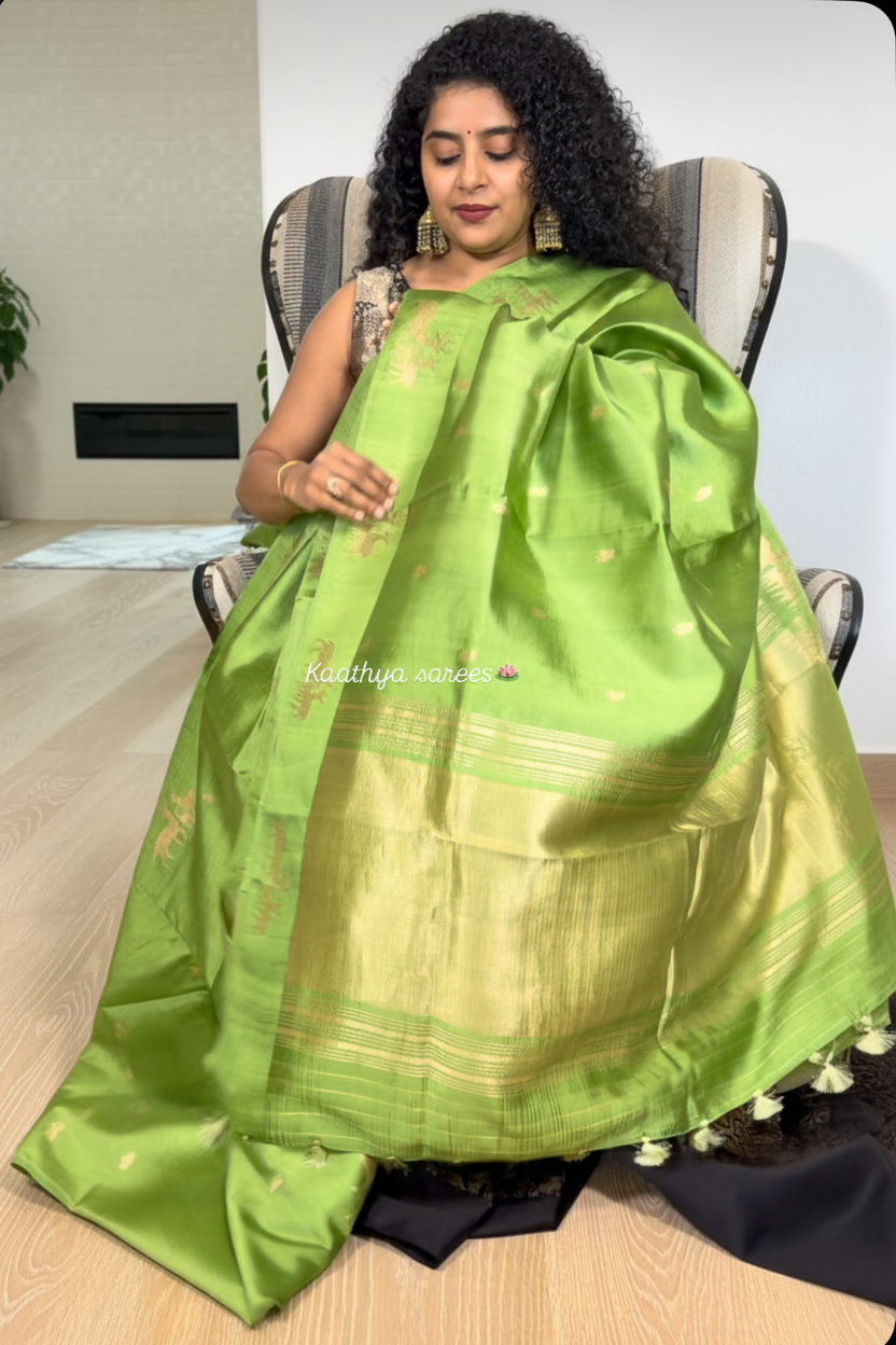 Green Benares Silk Saree with Deer Motif Border
