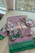 Lavender saree with blue floral embroidery blouse
