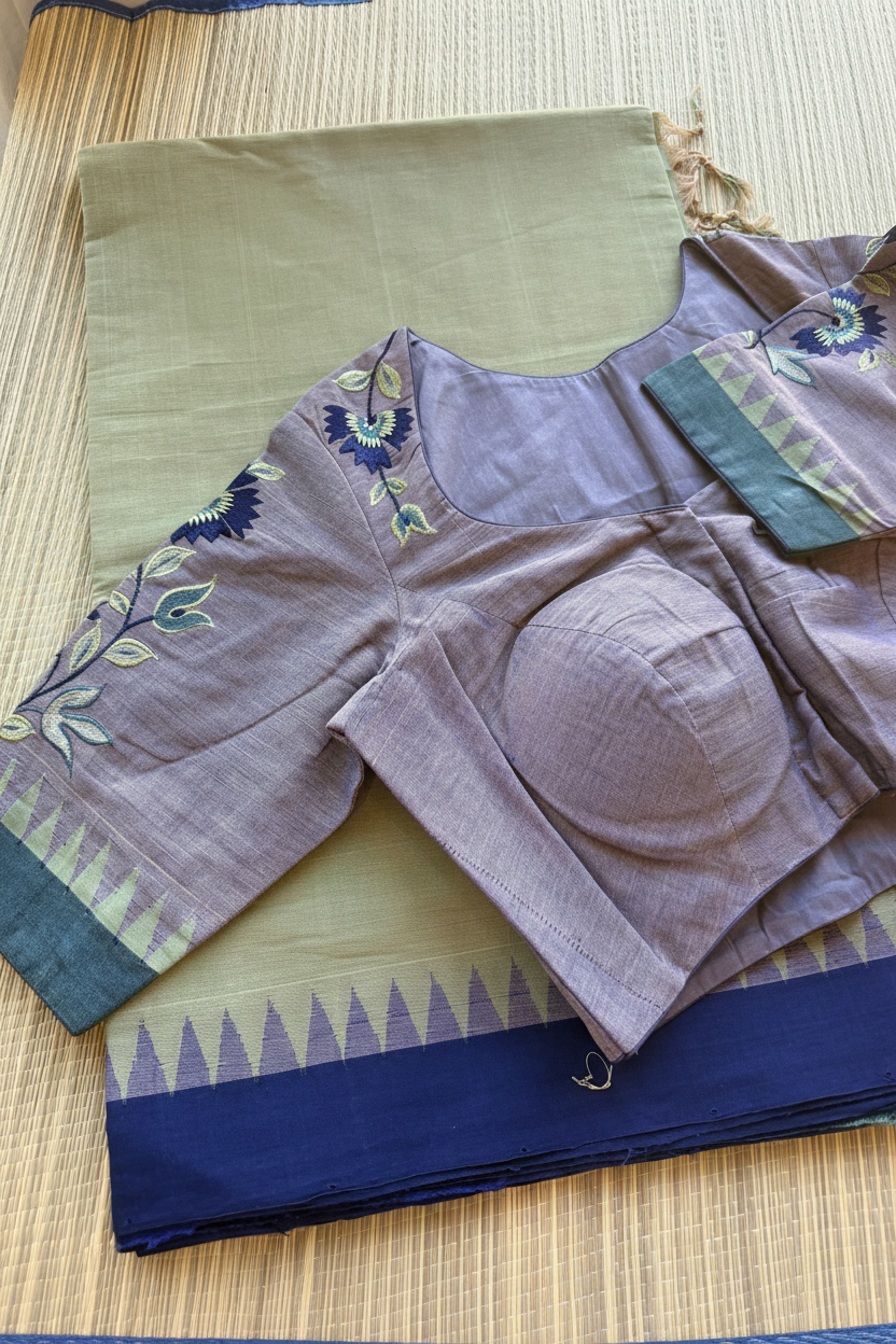 Lavender saree with navy blue border & floral blouse