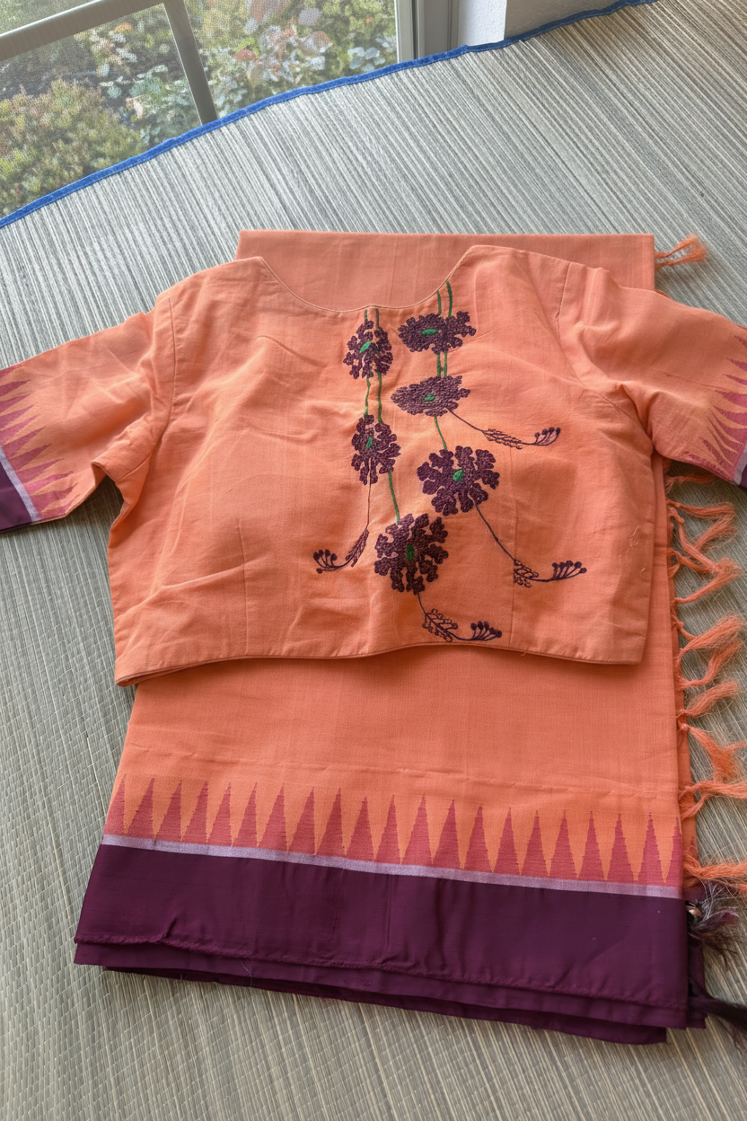 Mauve saree with flamingo embroidery blouse