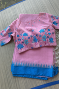Olive green saree with purple floral blouse - back