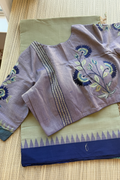 Olive green saree with purple floral blouse - front