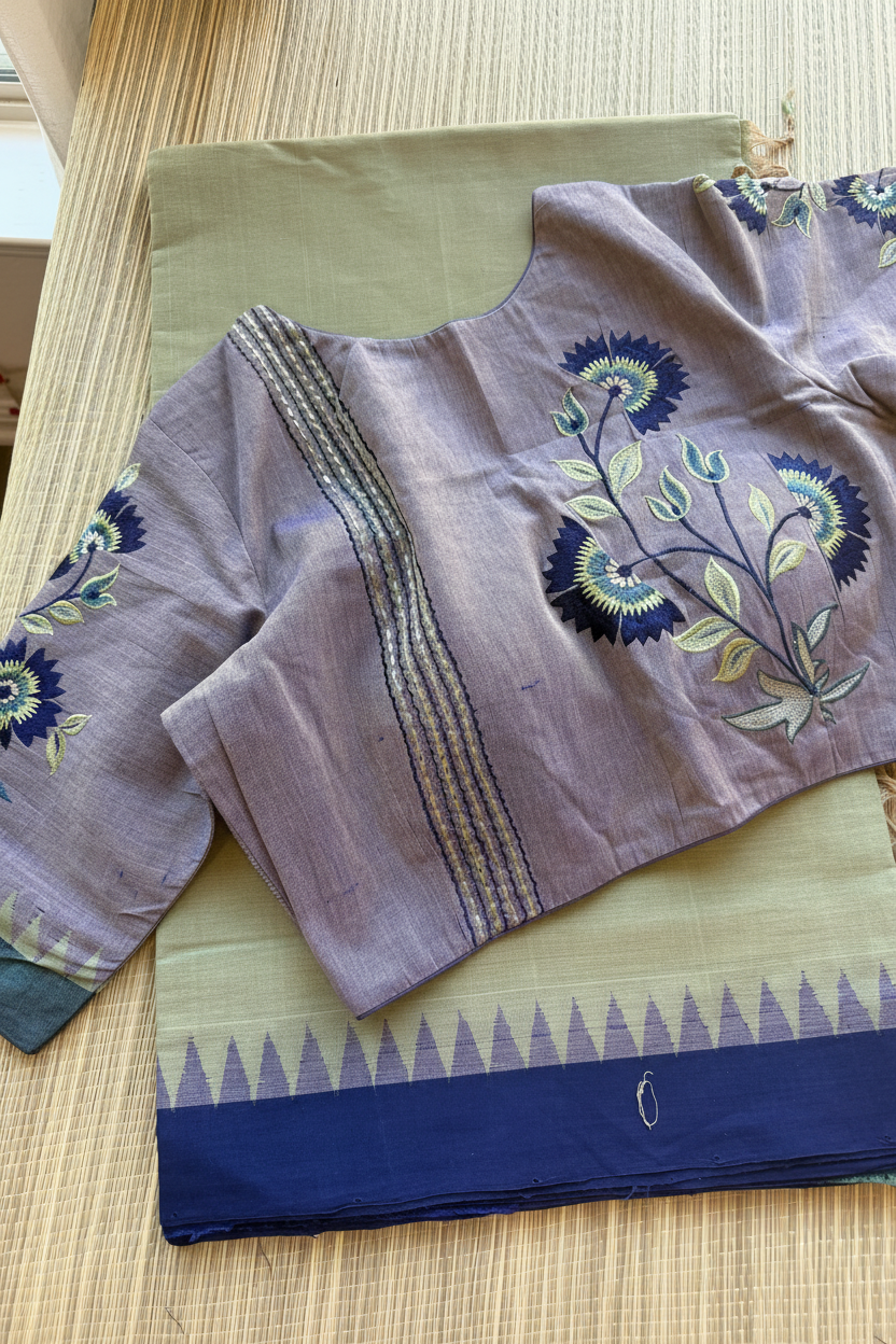 Olive green saree with purple floral blouse - front
