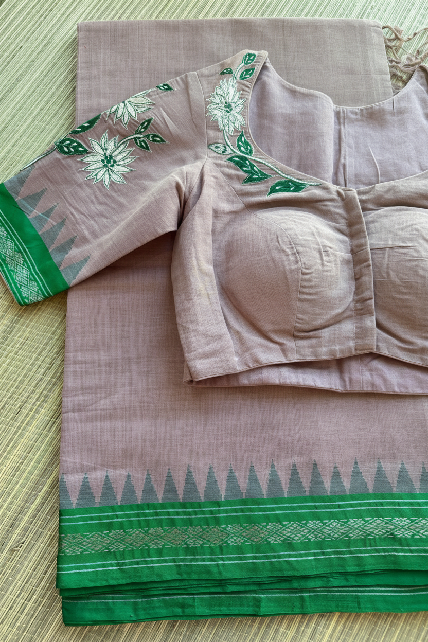 Peach/orange saree with purple border & floral blouse