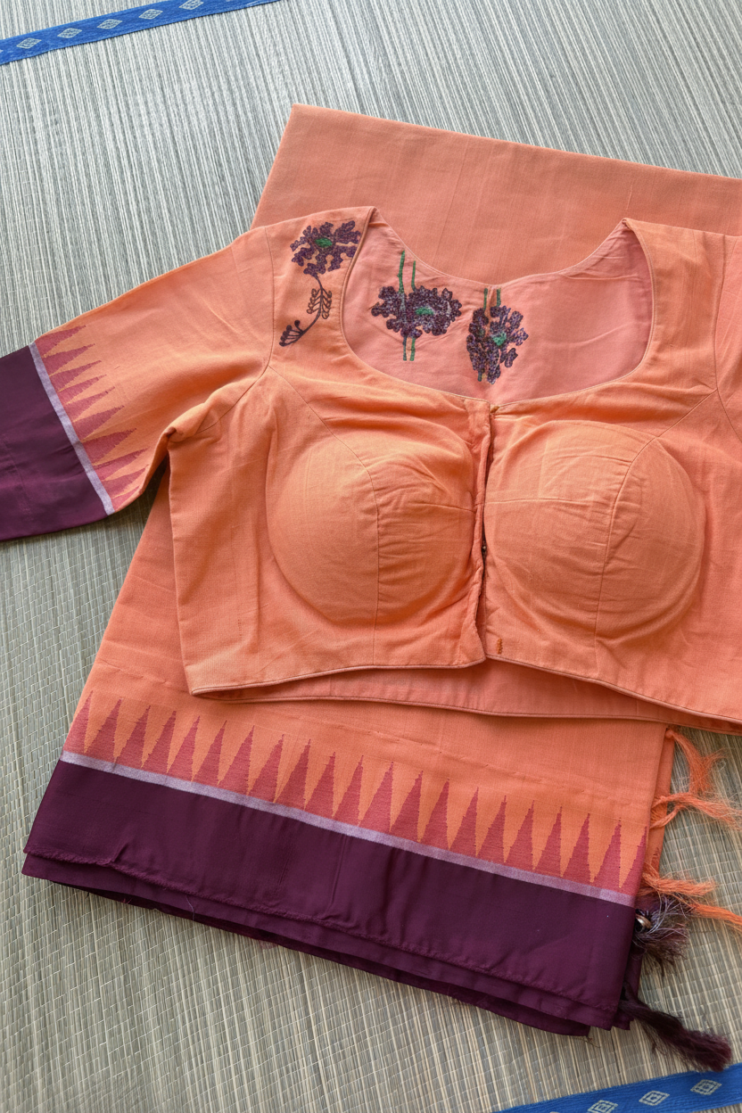 Pink saree with blue lotus embroidery blouse