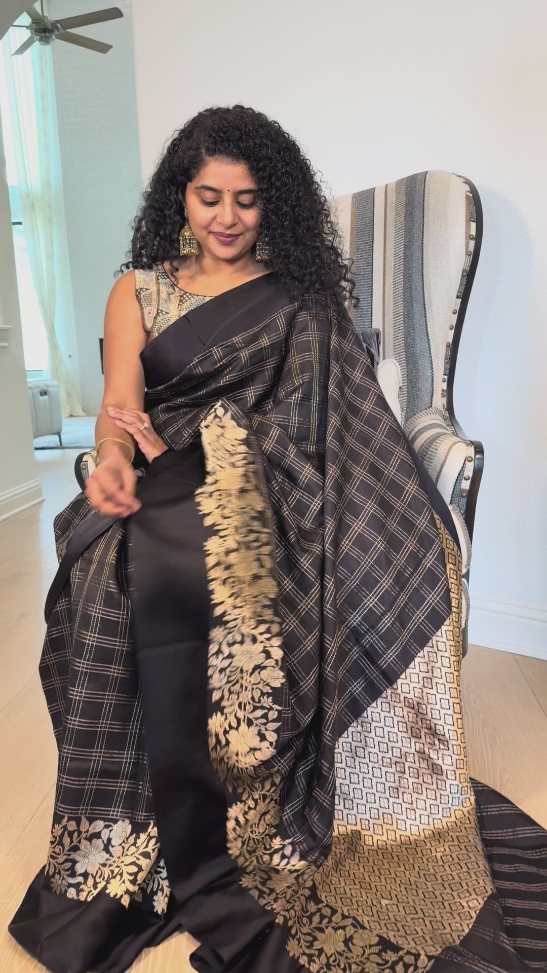 Black Checkered Benares Saree