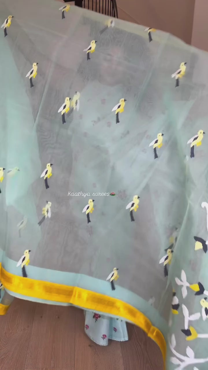 Muslin Jamdani Saree with Kanchi Border - Yellow/Blue